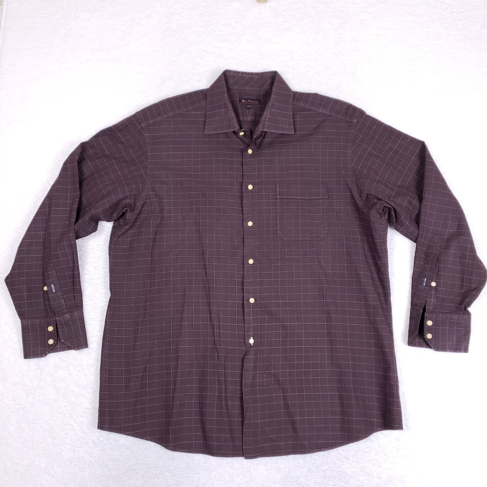 Ben Sherman Shirt Mens XL 17.5 34/35 Button Down Dark Plum Windowpane Mod‎ Indie